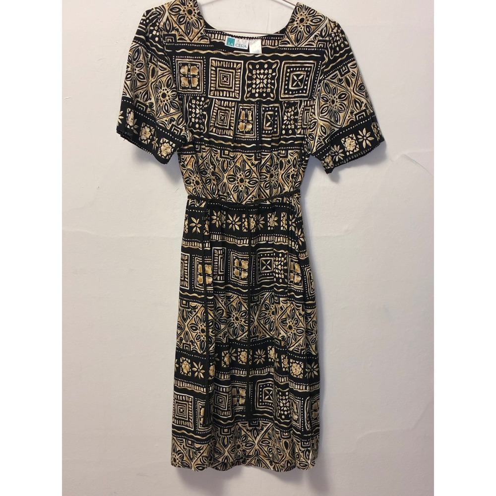 Vintage La Cera Cotton Batik Print Midi Dress Black Tan Geometric Pockets Medium